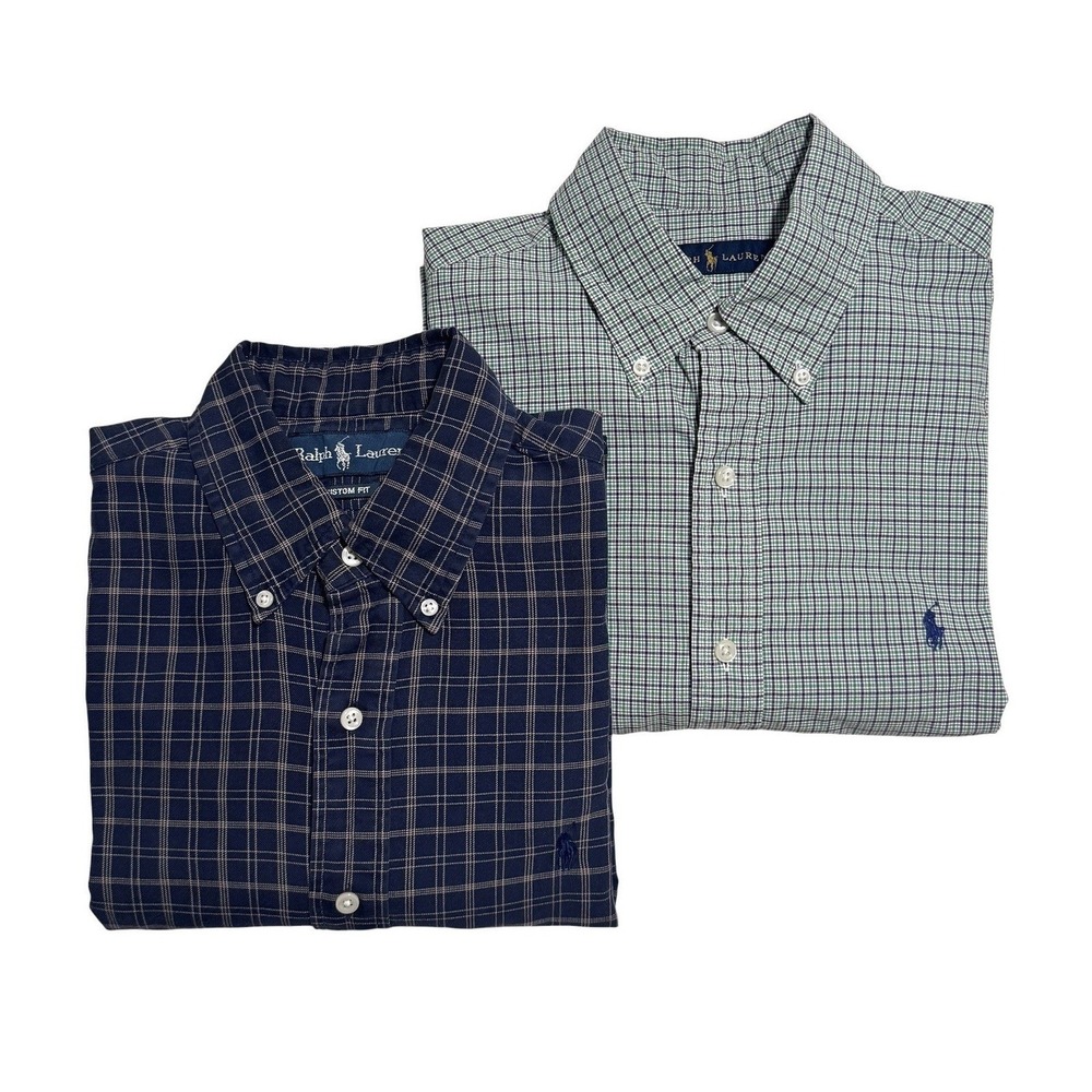 Ralph Lauren Mens Plaid Button Down Shirts Sz M Blue Green Custom Fit Lot 2